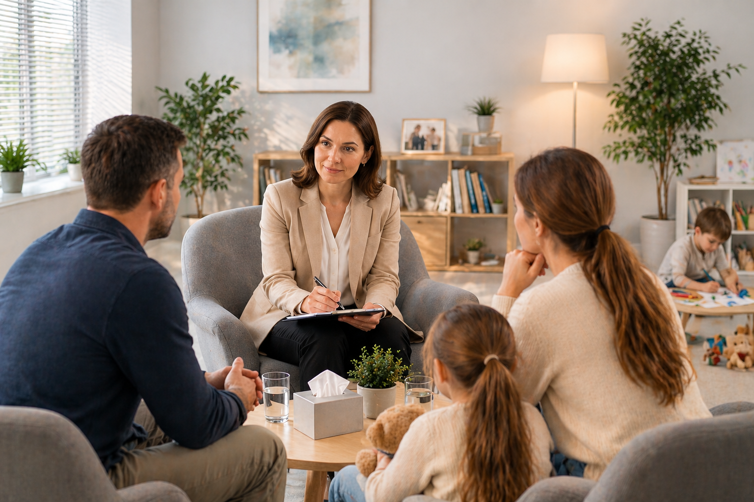 Family therapy session in a calm space